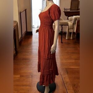 Max + Ash Festive Fall Milkmaid Forest Fairy Midi Dress Rust Boho Women Sz M EUC